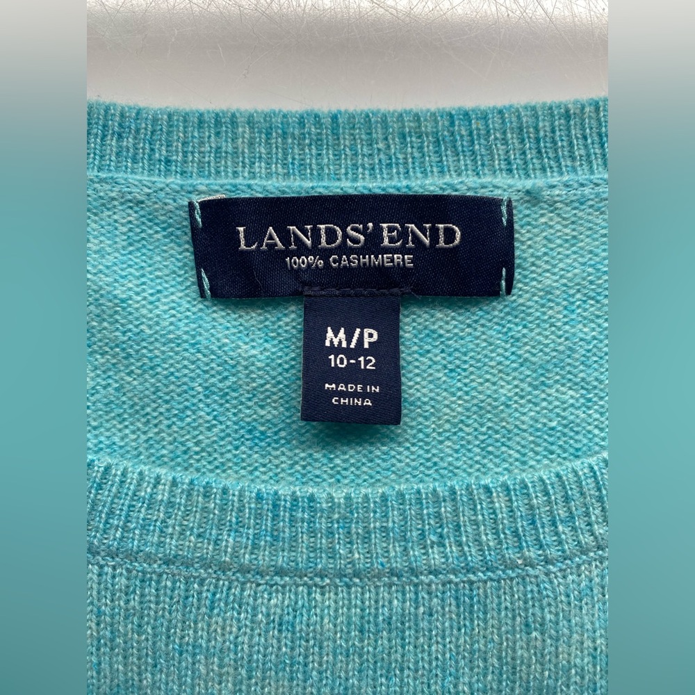Lands' End 100% Cashmere Blue & Green (Teal &Aqua) Colorblock Sweater Medium/M E - Picture 3 of 5
